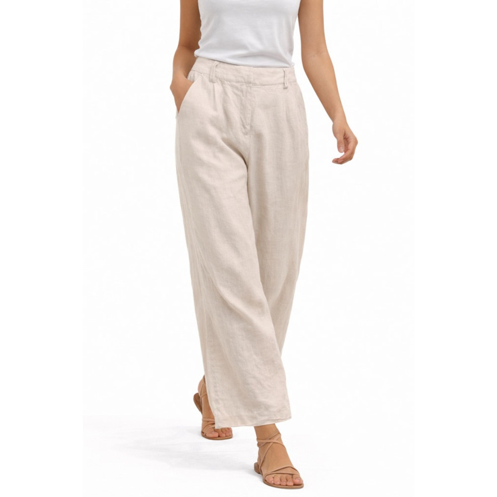 Magaschoni 100% Linen Wide Leg Pants Beige High Rise Summer Coastal Size S